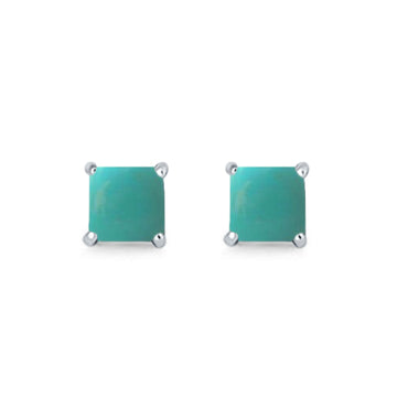 Halo Stud Earrings Princess Cut Simulated Turquoise CZ 925 Sterling Silver 7mm